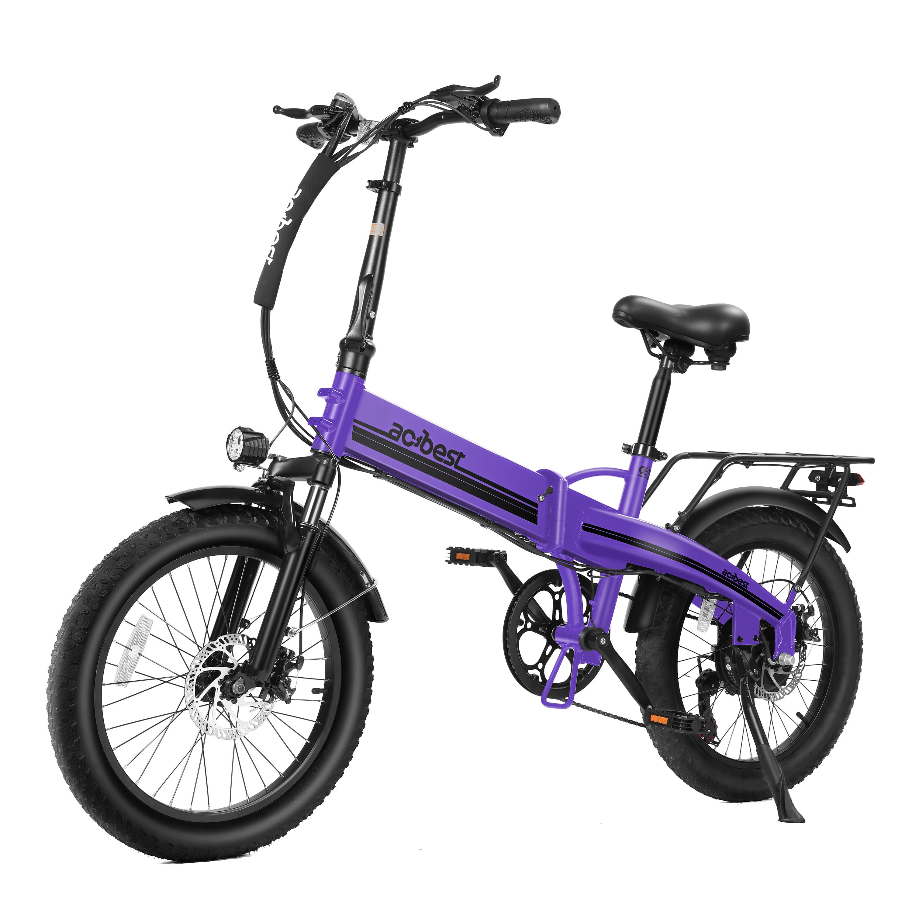 Purple foldable electric bike with fat tires for versatile outdoor adventures.