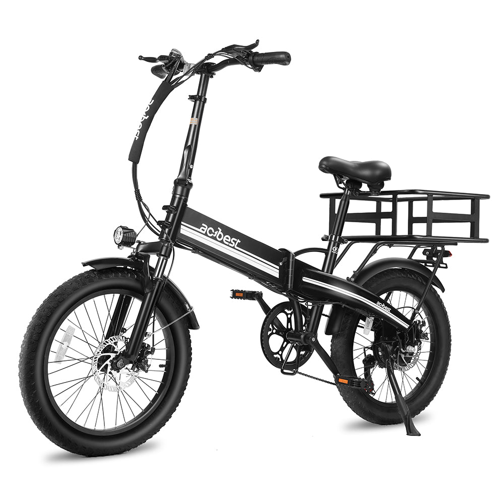 Compact black electric bike with fat tires and rear cargo rack for versatile rides.