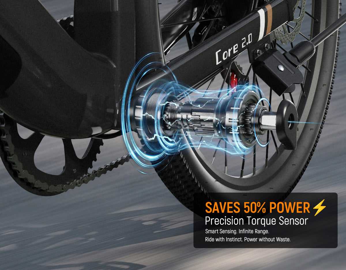 Close-up of a bicycle's hub with a precision torque sensor and text indicating power savings.