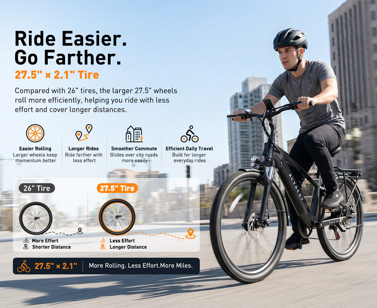 Man riding a bicycle with promotional text about tire sizes on a city street background