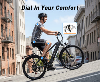 Person riding an electric bike on a city street with text 'Dial In Your Comfort' and an inset showing adjustable handlebar.