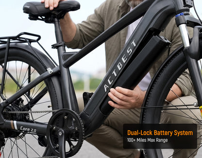 Person holding a black electric bike with 'ACTBEST' branding, featuring a dual-lock battery system.