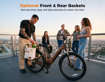 An electric bicycle with front and rear baskets is shown on a rooftop with several people around it, one holding a grocery bag attached to the bike. Text at the top reads 'Optional Front & Rear Baskets' with a subtitle about packing groceries and daily essentials.