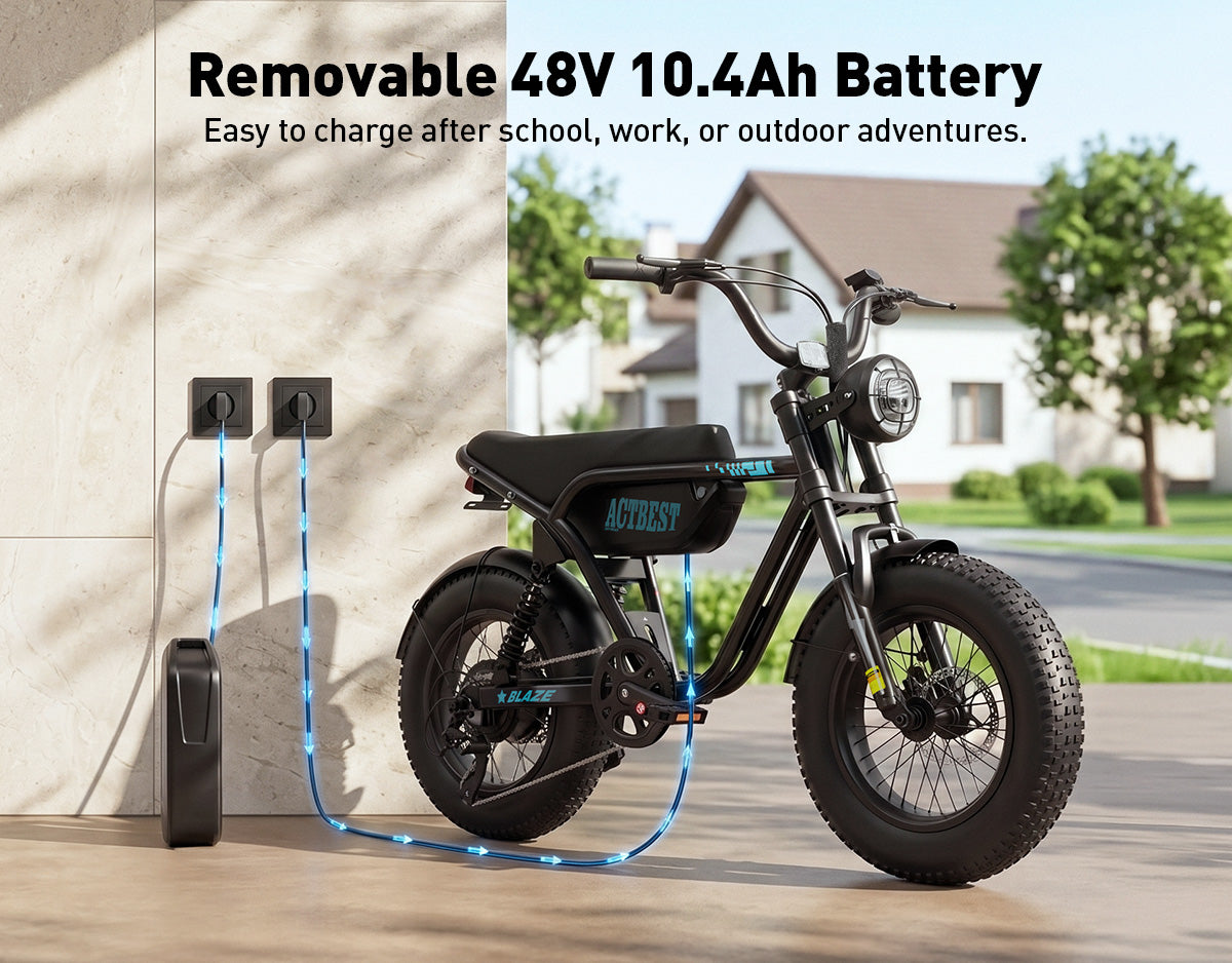 A black electric mini bike with fat tires is shown outdoors next to a wall charger, with text reading 'Removable 48V 10.4Ah Battery' and 'Easy to charge after school, work, or outdoor adventures.