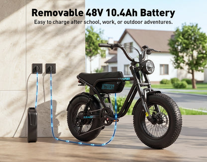 A black electric mini bike with fat tires is shown outdoors next to a wall charger, with text reading 'Removable 48V 10.4Ah Battery' and 'Easy to charge after school, work, or outdoor adventures.
