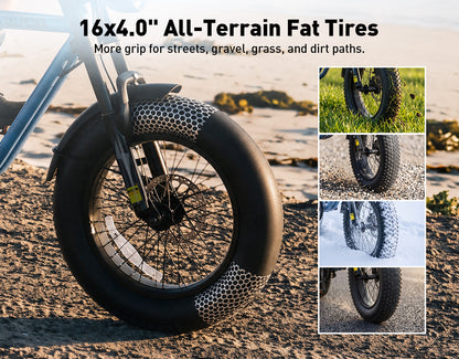 A close-up of a fat tire bicycle wheel on a beach, with text reading '16x4.0" All-Terrain Fat Tires' and four small inset photos showing the tire in grass, gravel, snow, and on a bike.