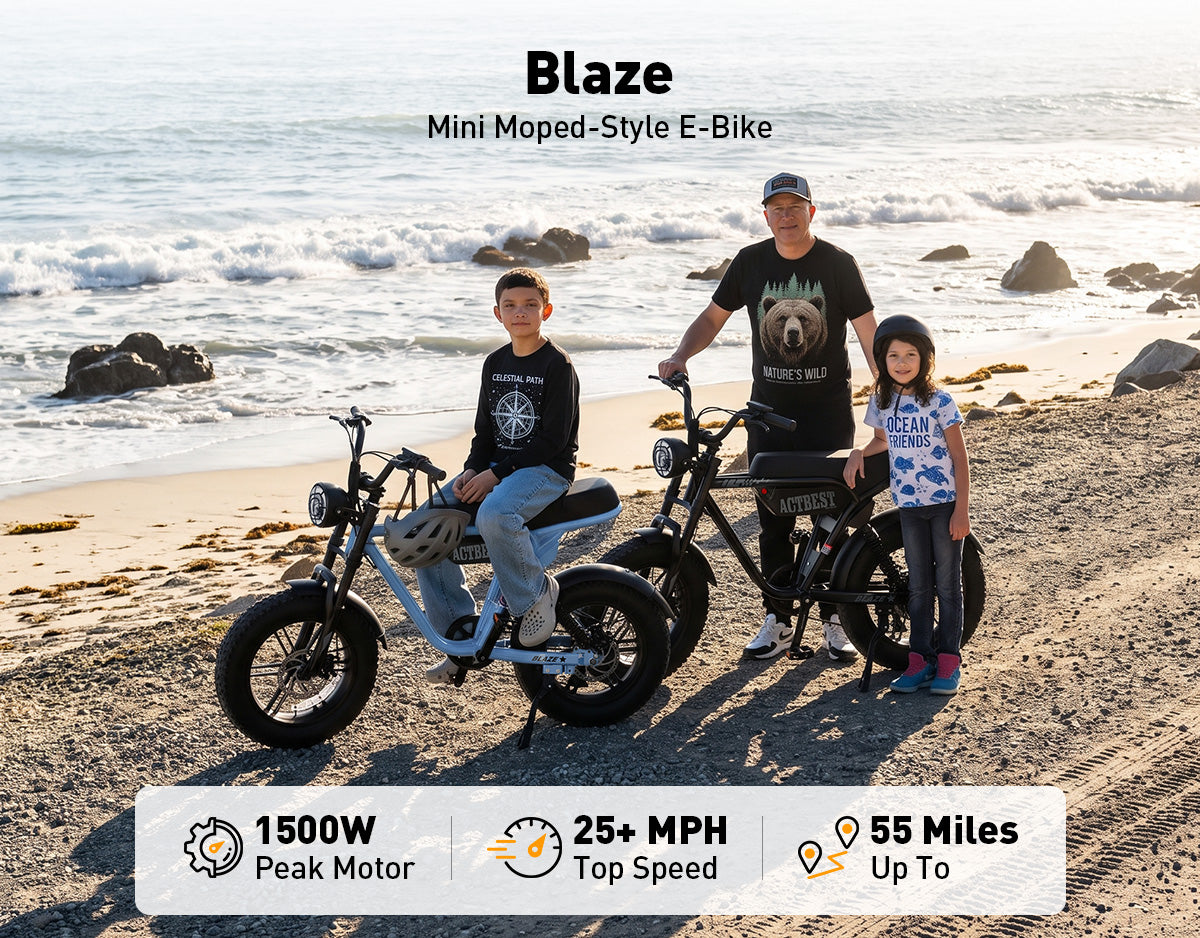 Three people stand on a sandy beach with two mini moped-style electric bikes in the background. Text at the top reads 'Blaze Mini Moped-Style E-Bike,' and a bottom banner highlights 1500W peak motor, 25+ MPH top speed, and up to 55 miles range.