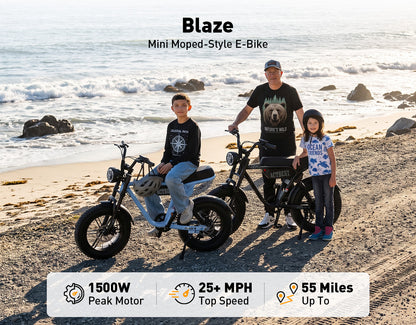 Three people stand on a sandy beach with two mini moped-style electric bikes in the background. Text at the top reads 'Blaze Mini Moped-Style E-Bike,' and a bottom banner highlights 1500W peak motor, 25+ MPH top speed, and up to 55 miles range.