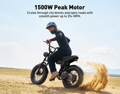 A person wearing a helmet and dark outfit rides a black mini moped ebike on a dusty dirt road under a blue sky, with text at the top reading '1500W Peak Motor' and descriptive copy about smooth power up to 25+ MPH.