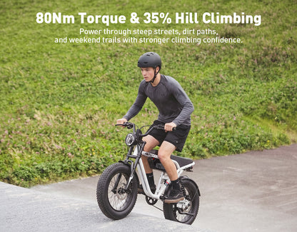 A person riding a small electric bicycle on a paved path with grassy hills in the background. White text at the top reads '80Nm Torque & 35% Hill Climbing' with a supporting sentence about power through steep streets, dirt paths, and weekend trails.