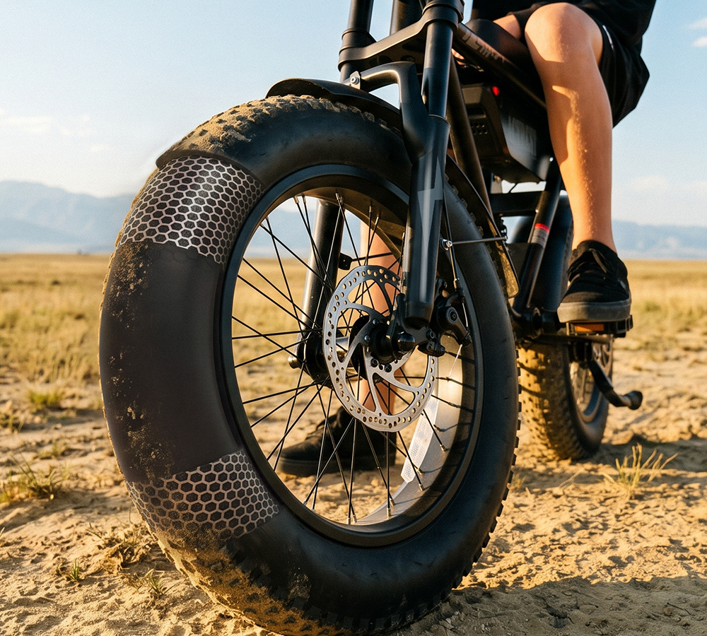 Close-up of a fat tire electric bicycle with a rider's legs visible, set in a sandy outdoor desert environment.