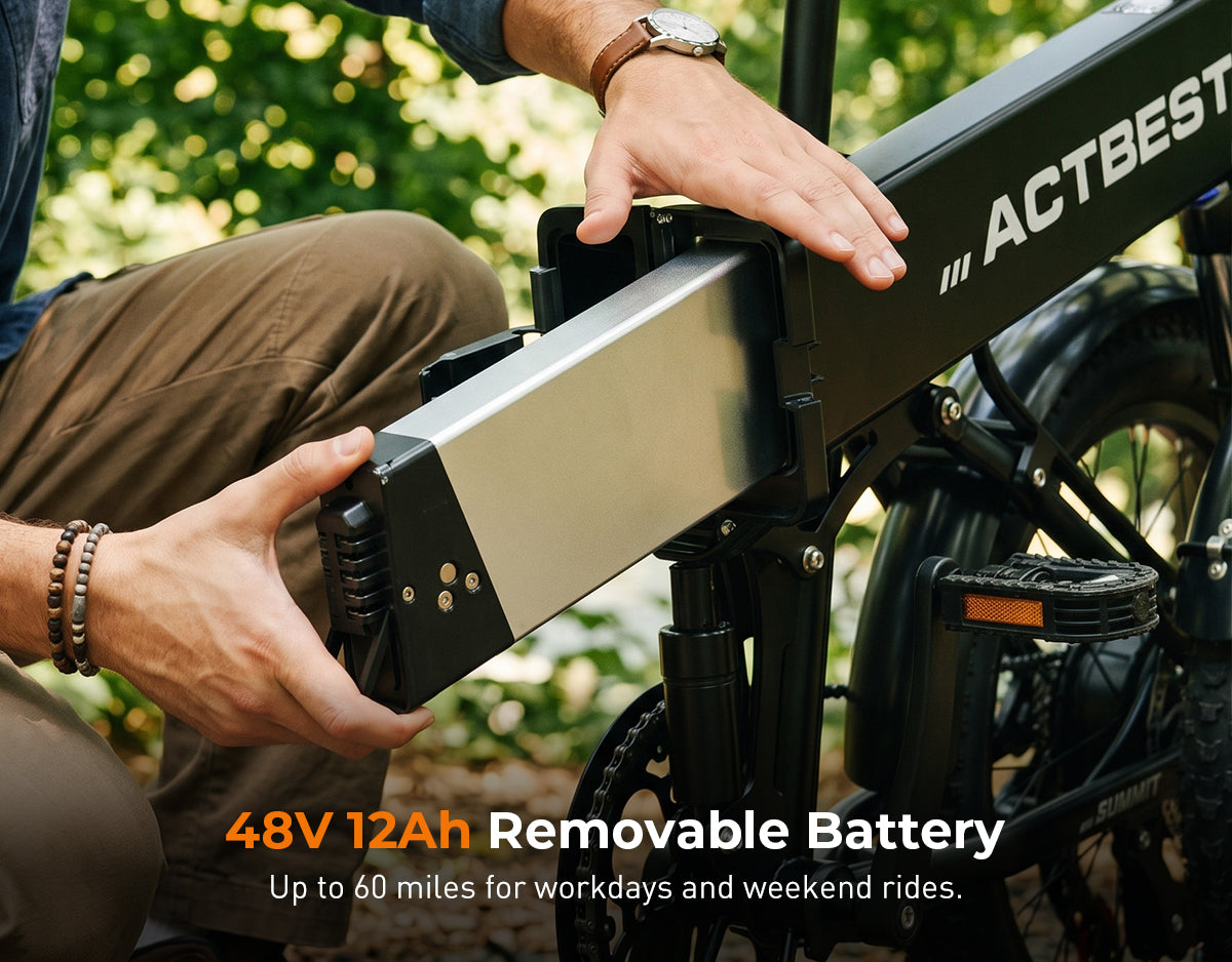 A close-up outdoor shot shows a person kneeling beside a black Actbest folding electric bicycle and removing a silver and black removable battery. The background is a blurred green garden.