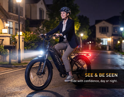 Actbest Cozy black step-through electric bike with bright front headlight and rear taillight for safer night riding