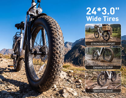 Actbest Cozy electric bike with 24x3.0 inch wide tires for stronger support, enhanced grip, and smoother riding on rough terrain