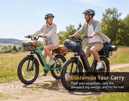 Actbest Cozy electric bikes with rear cargo racks carrying outdoor gear on a scenic trail, designed for easy step-through riding