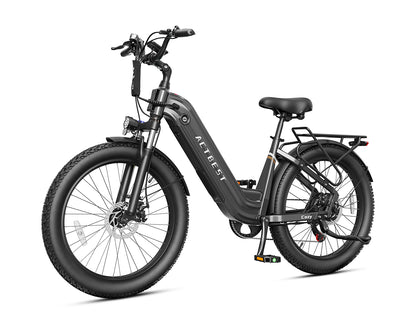 Actbest Cozy gray electric commuter bike with step-through frame, fat tires, fenders, and rear cargo rack