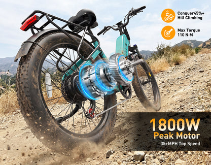 Actbest Cozy mint green electric bike climbing a dirt trail with 1800W peak motor, 35+MPH top speed, and 110 N.M torque