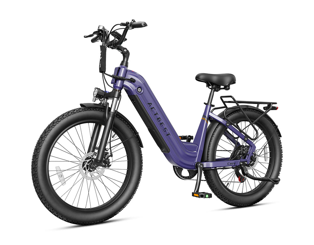 Actbest Cozy purple electric commuter bike with step-through frame, fat tires, fenders, and rear cargo rack