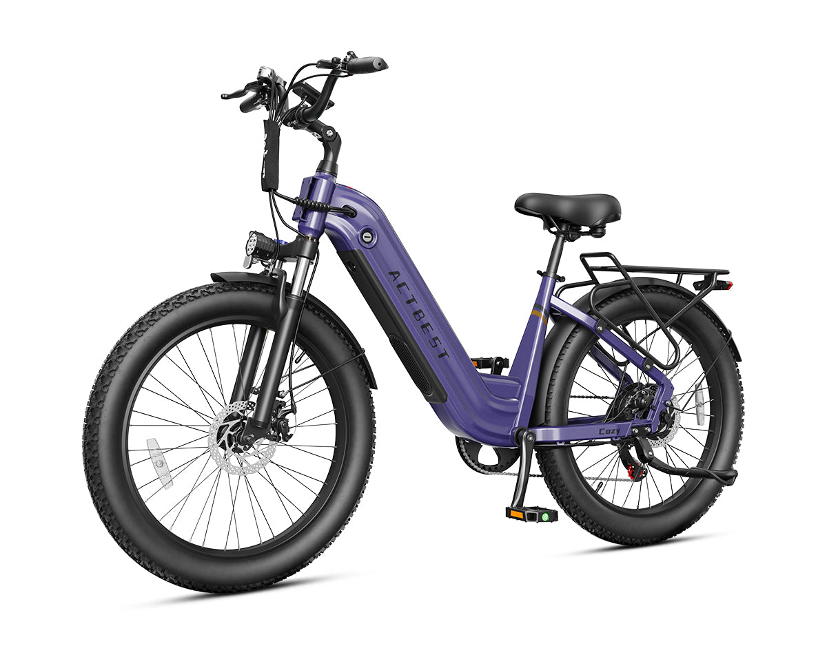 Actbest Cozy purple electric commuter bike with step-through frame, fat tires, fenders, and rear cargo rack