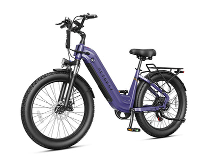 Actbest Cozy purple electric commuter bike with step-through frame, fat tires, fenders, and rear cargo rack