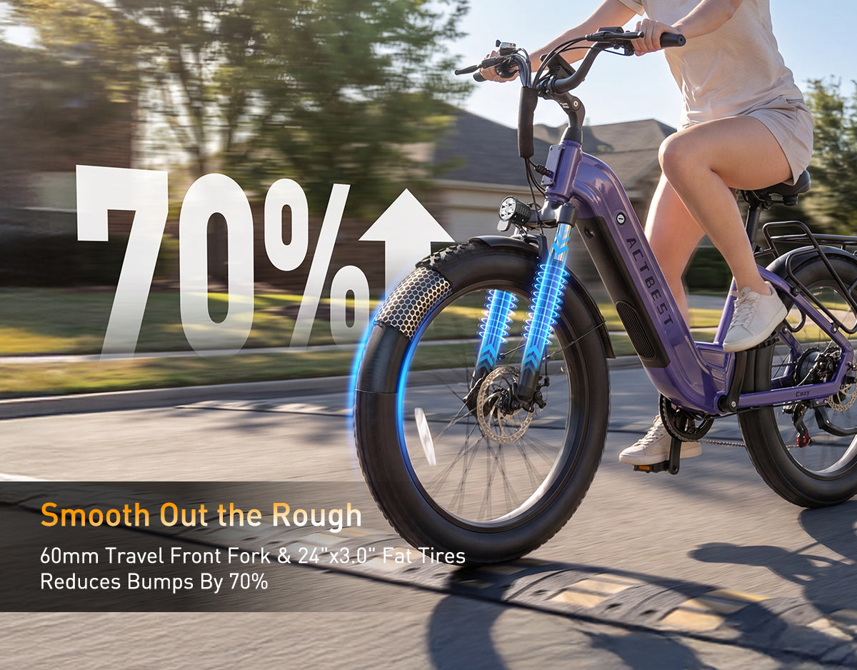 Actbest Cozy purple step-through electric bike with 60mm front fork suspension and 24x3.0 fat tires for a smoother ride