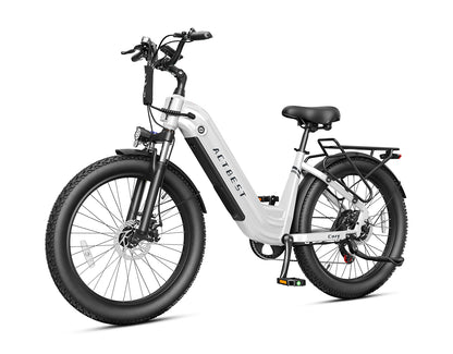 Actbest Cozy white electric commuter bike with step-through frame, fat tires, fenders, and rear cargo rack