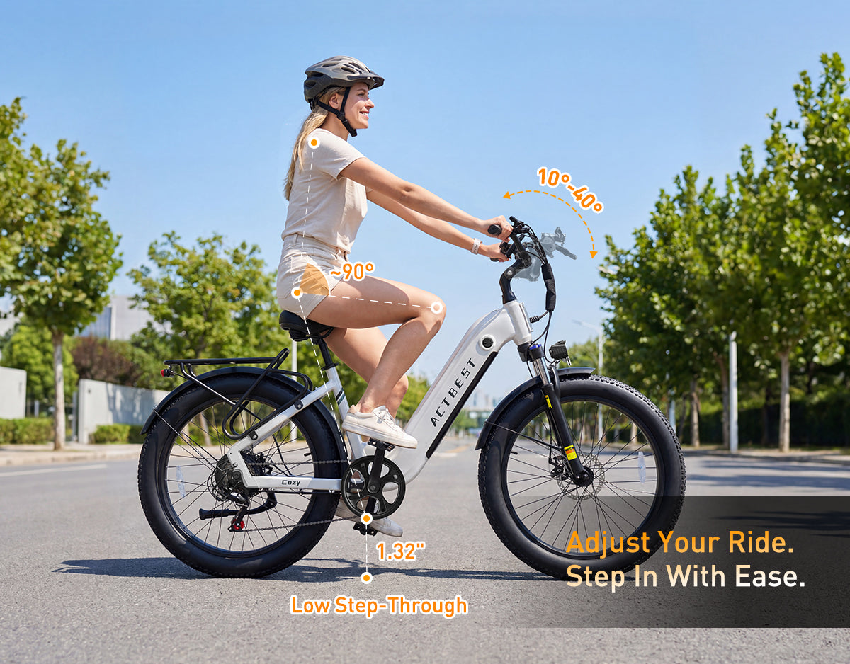 Actbest Cozy white step-through electric bike with low step-through frame and adjustable handlebar for an easier, more comfortable ride