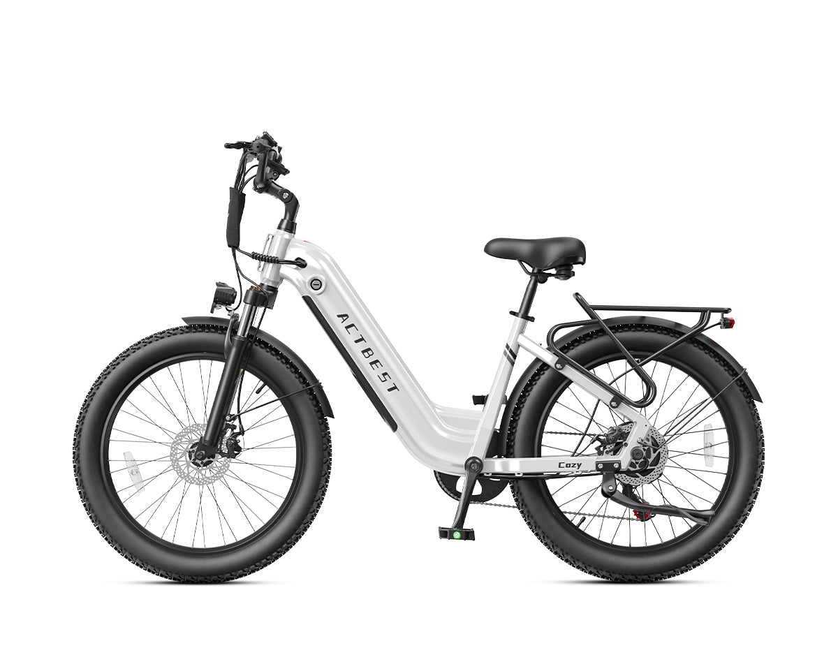 Actbest Cozy white step-through fat tire electric bike for comfortable commuting with front suspension and rear rack