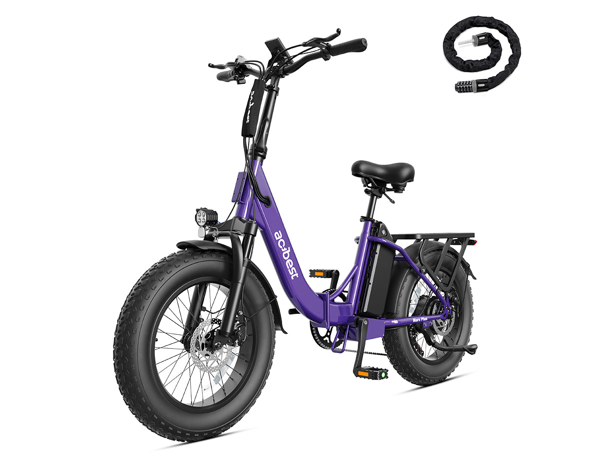 Actbest Mars Plus ST Foldable Step-Through Utility Electric Bike in Purple, with included combination chain lock