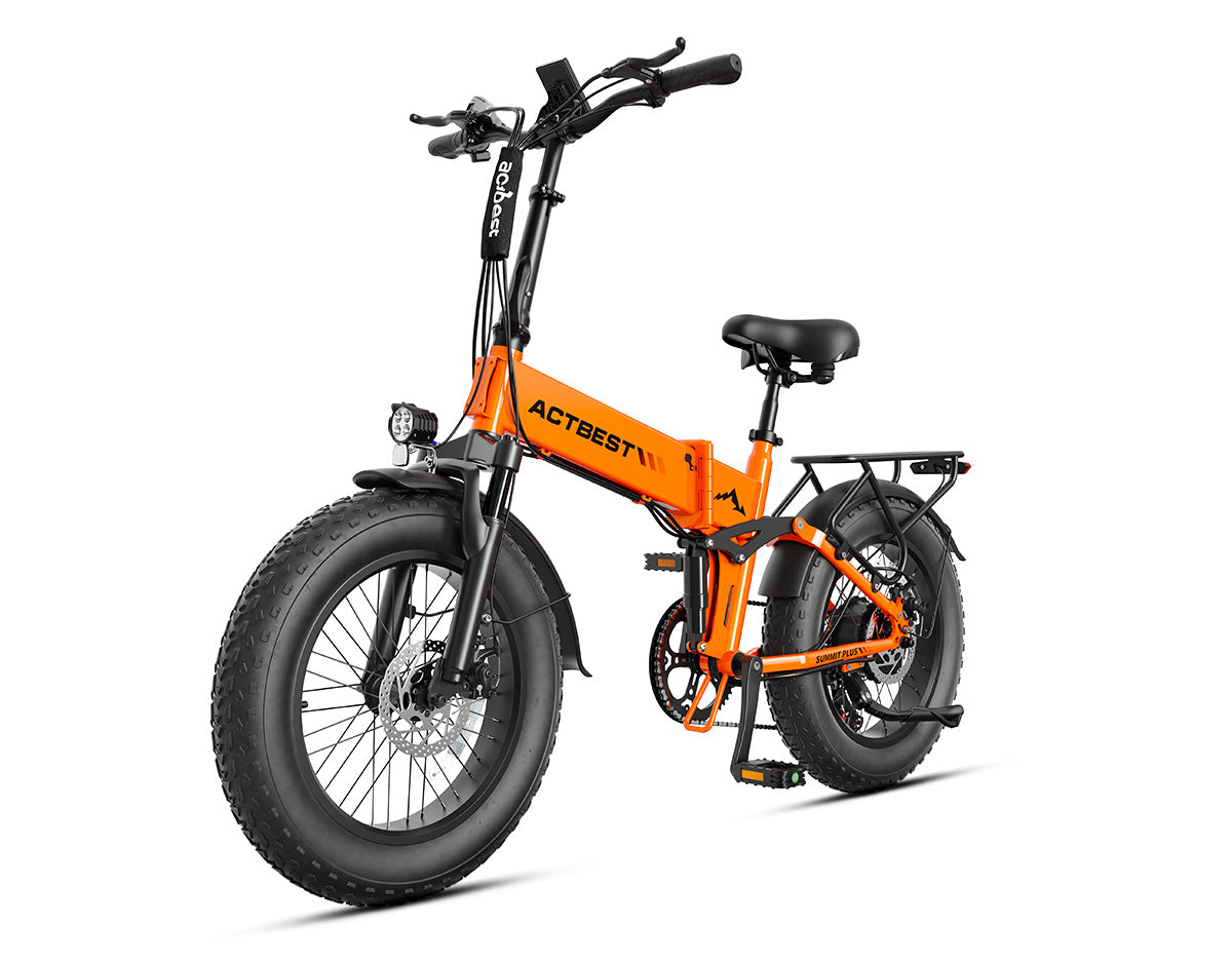 Actbest Summit Plus Full Suspension Folding Fat Tire Electric Bike - Orange, Angled Front View