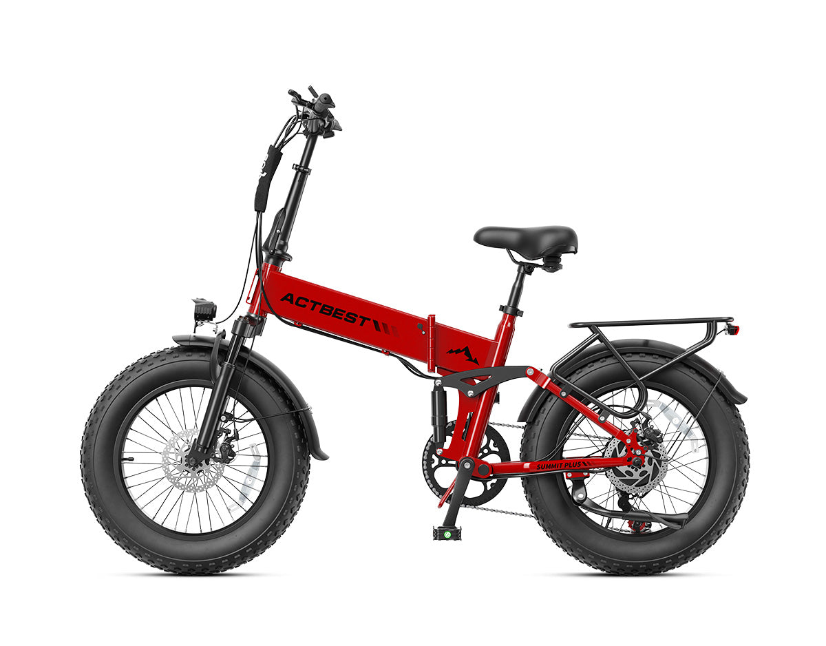 Actbest Summit Plus Full Suspension Folding Fat Tire Electric Bike - Red, Side Profile View
