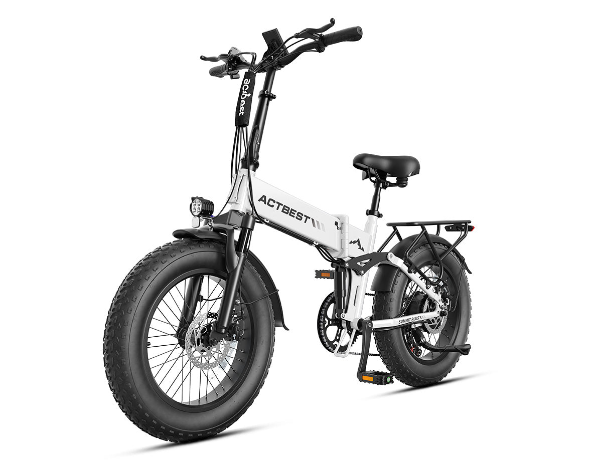 Actbest Summit Plus Full Suspension Folding Fat Tire Electric Bike - White, Angled Front View