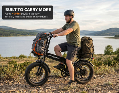 Actbest Summit Plus e-bike carrying heavy outdoor gear on front basket and rear rack, showing 400 lbs payload capacity
