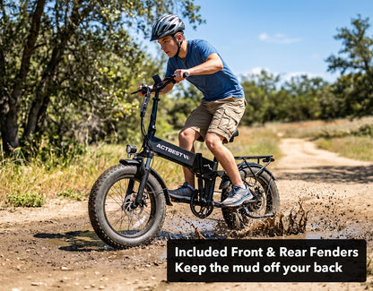 Actbest Summit Plus e-bike with included front and rear fenders protecting rider from mud splashes