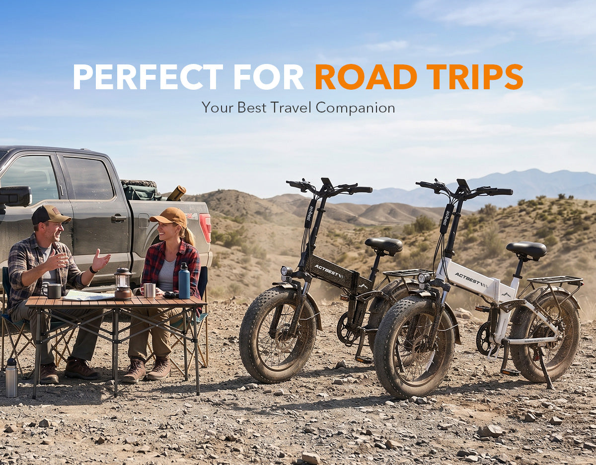 Actbest Summit Plus folding e-bikes at a campsite, perfect companion for outdoor road trips