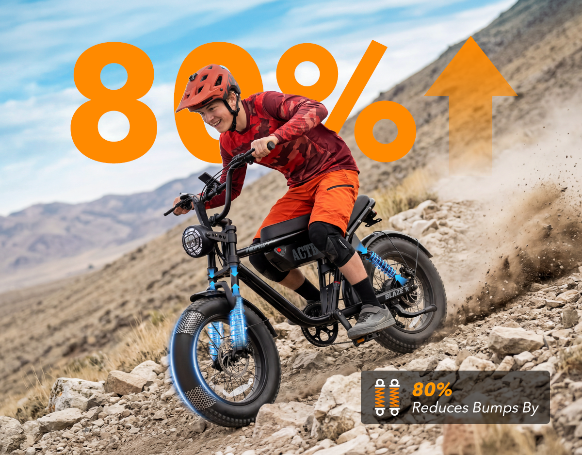 Person riding a bike on a rocky trail with text indicating 80% bump reduction.