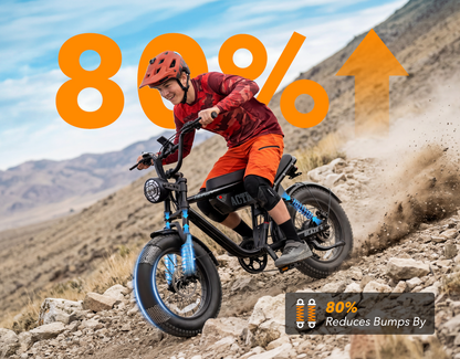 Person riding a bike on a rocky trail with text indicating 80% bump reduction.