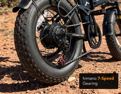 Close-up of Shimano 7-speed gearing and rear wheel on the Actbest Summit Plus fat tire e-bike