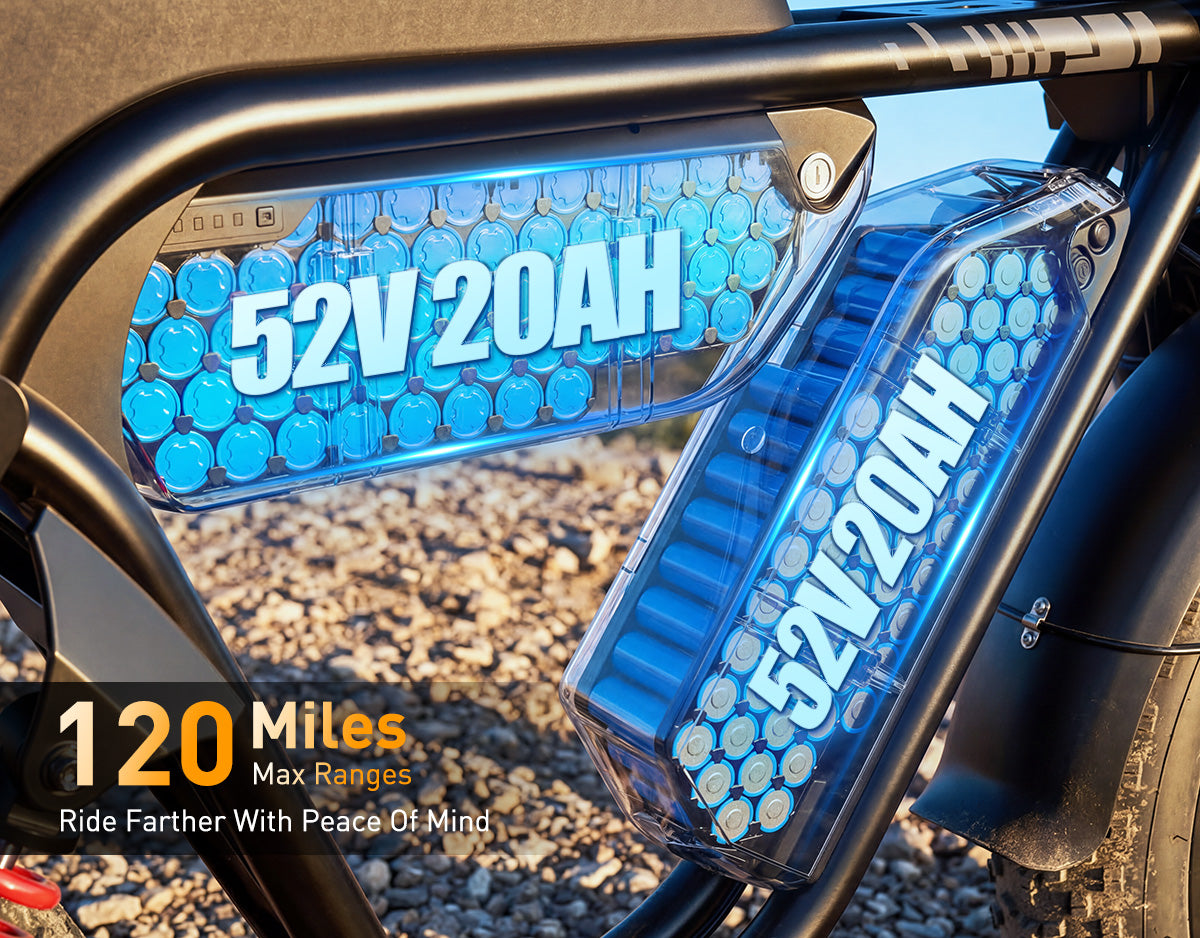 Striker Max electric bike dual 52V 20Ah batteries highlighting up to 120 miles max range