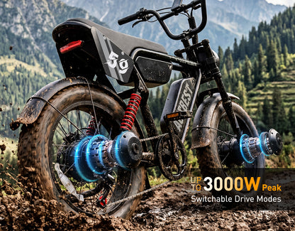 Striker Max electric bike riding through mud with switchable drive modes and up to 3000W peak power