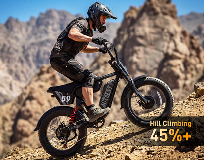 Striker Max electric bike riding on a rocky mountain trail with fat tires and enhanced suspension comfort