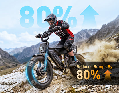 Striker Max electric bike riding off-road with 3000W peak power, 37 mph top speed, hydraulic brakes and dual batteries