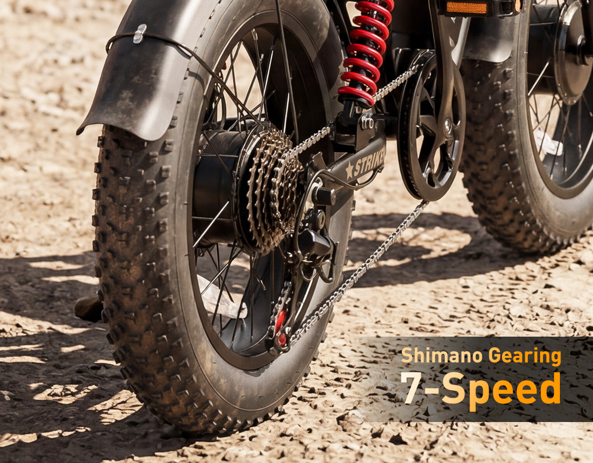 Close-up of Striker Max electric bike rear wheel with Shimano 7-speed gearing and fat tire drivetrain