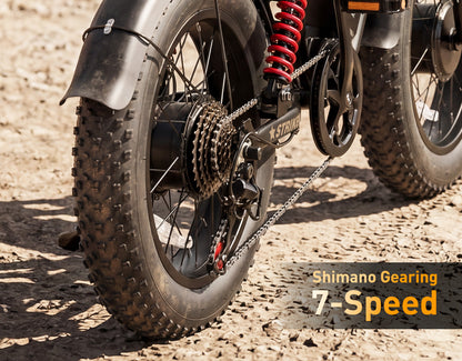 Close-up of Striker Max electric bike rear wheel with Shimano 7-speed gearing and fat tire drivetrain