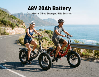 Two riders enjoying a coastal ride on gray and red Actbest Mars Plus ST e-bikes, highlighting the powerful 48V 20Ah battery