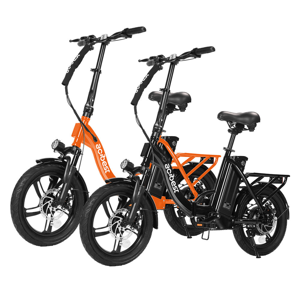 Black and orange Actbest electric bikes with foldable designs and fat tires.