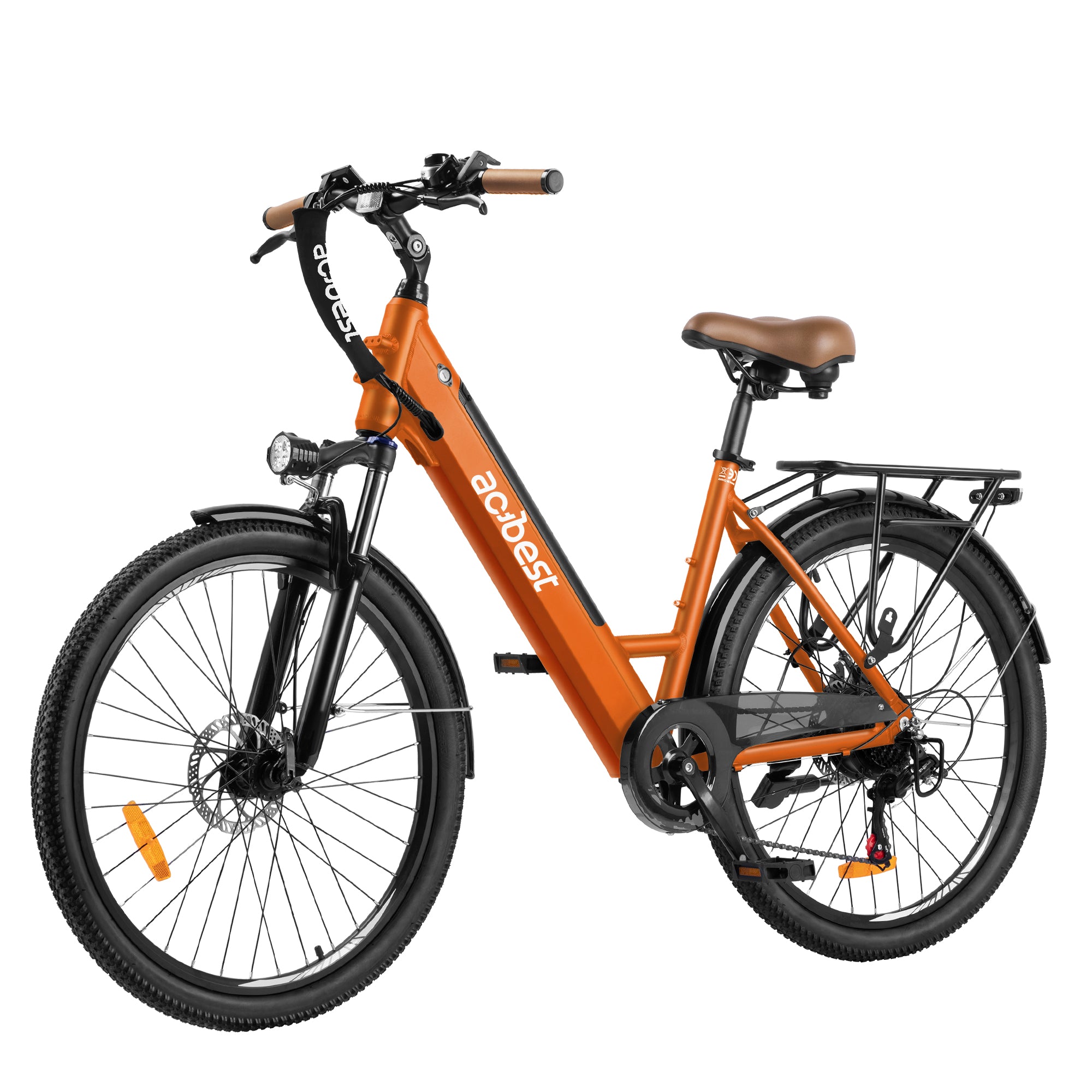 Core City Commuter Electric Bike in vibrant orange with brown saddle and rear rack.