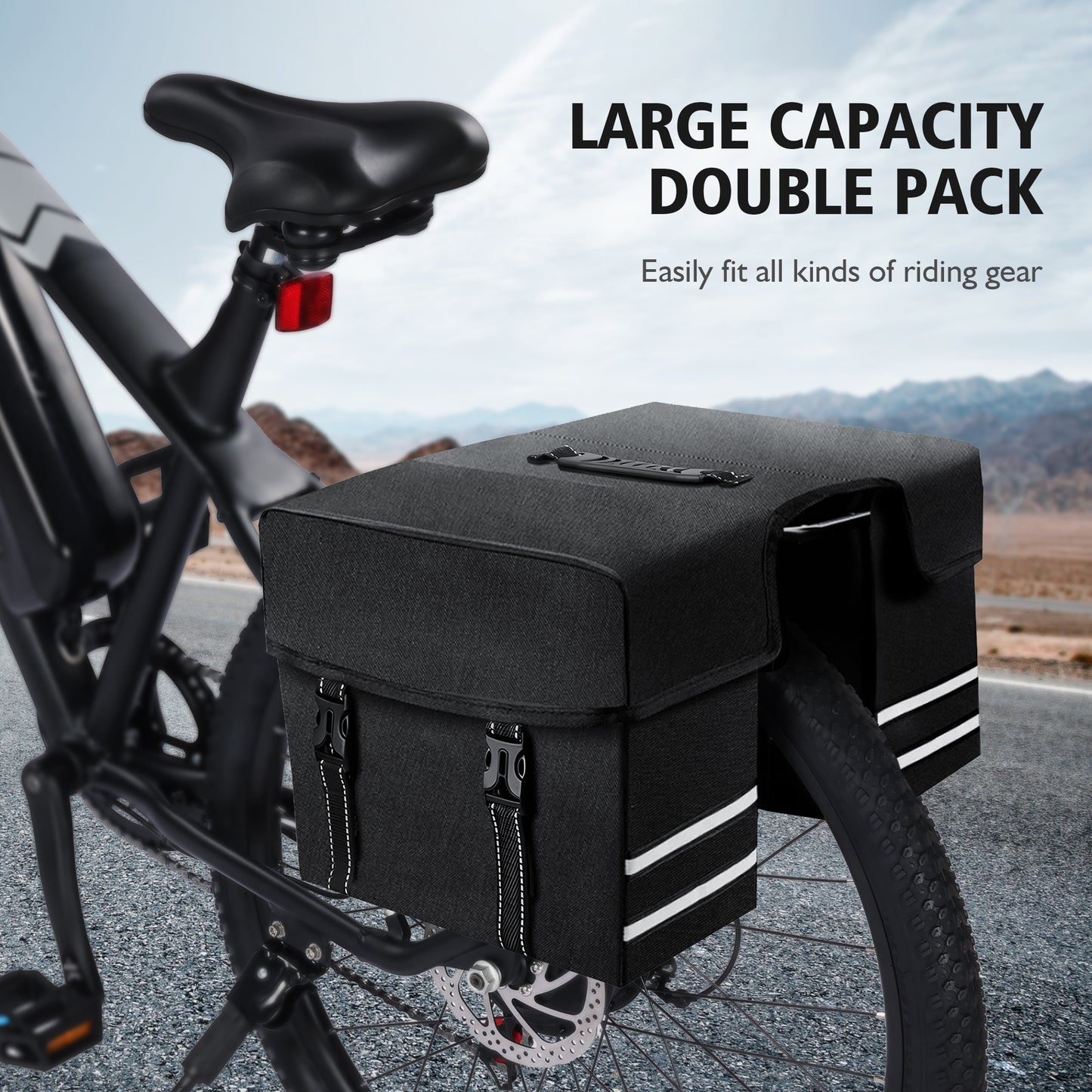 Spacious black double pack bike pannier bag for carrying riding gear securely