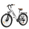 White Core City Commuter Electric Bike with brown seat and front light.
