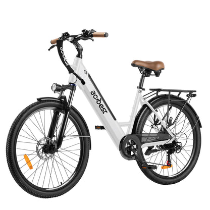 White Core City Commuter Electric Bike with brown seat and front light.